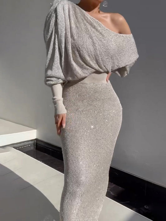 Sexy Sequin Skew Neck Knit Two-piece Set