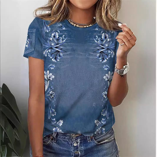Summer Casual Pattern Short Sleeve Printed Round Neck T-Shirt