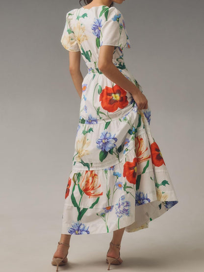 V-neck Smocked Waist Printed Maxi Dress