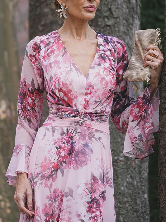 Elegant Printed Peach Blossom Dress