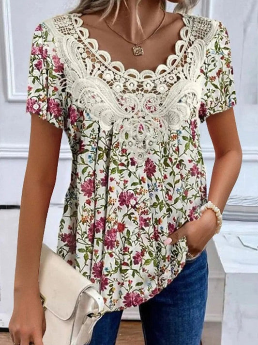Lace-Neck Printed Top