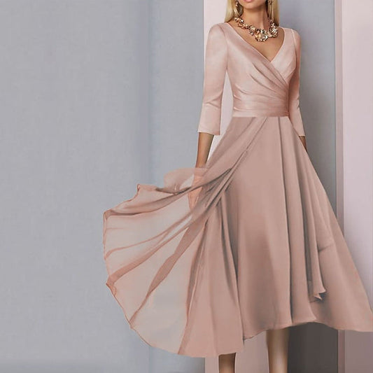Light Pink Pleated ¾ Sleeve A-Line Maxi Dress