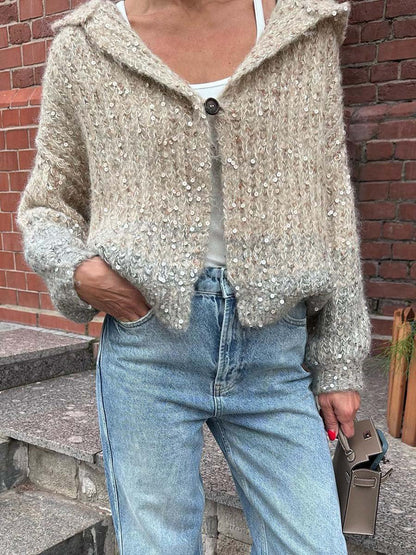 Sequined Hooded Sweater Knitted Cardigan