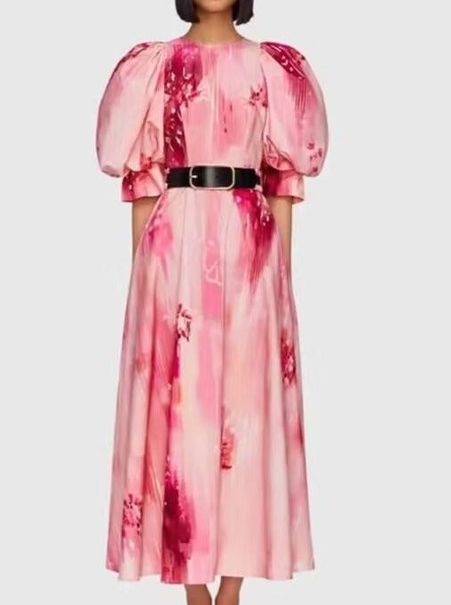 Round Neck Bubble Sleeve Pink Print Dress