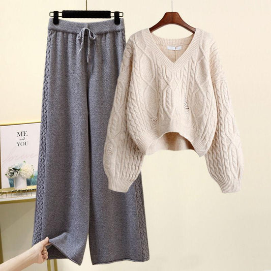 Knitted Slim Wide-Leg Pants Two-Piece Set