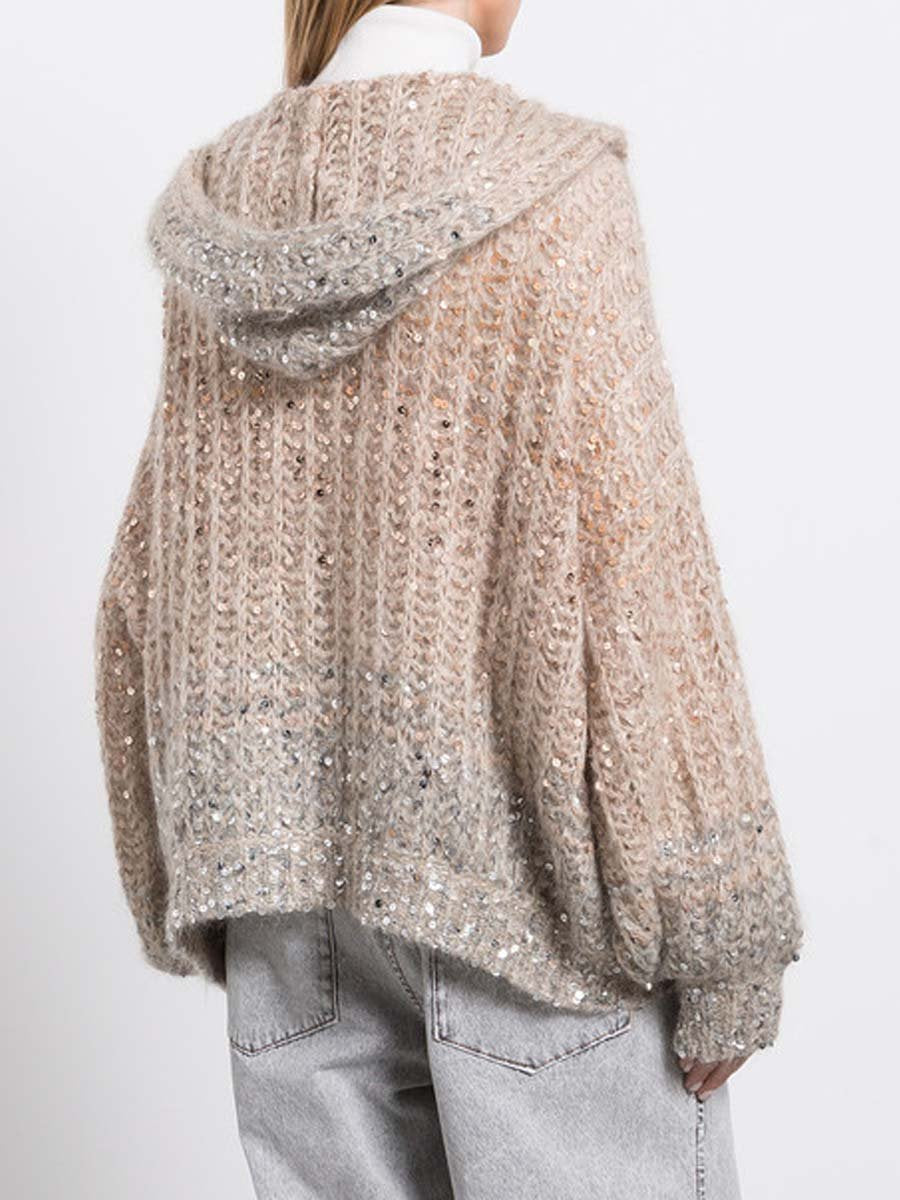 Sequined Hooded Sweater Knitted Cardigan