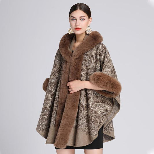 Fall/Winter Artificial Fur Hooded Shawl Coat