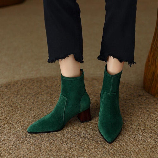 Pointed Toe Chunky Heel Boots Women Suede Mid Calf Boots
